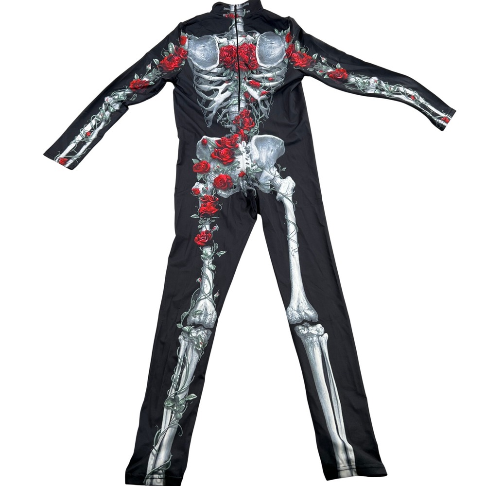 Skeleton Rose Graphic Bodysuit XL Black Women Gothic Halloween Cosplay